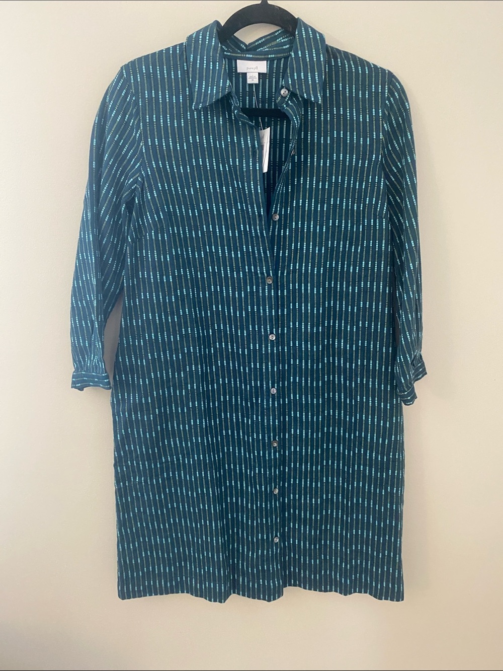 Pure Jill NWT 100% Cotton Teal Stripe Button-Down Shirt Dress